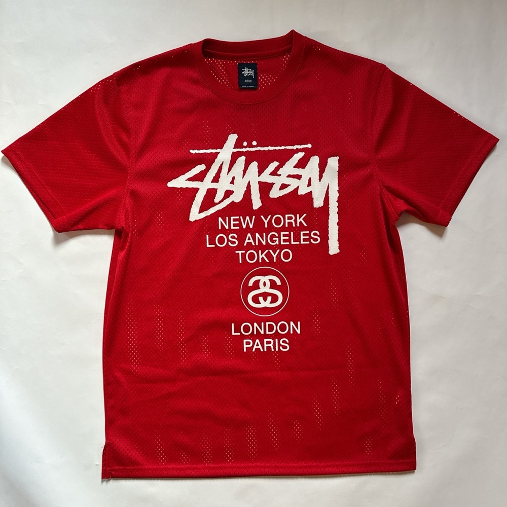 Vintage stussy world tour mesh jersey team crew tee red